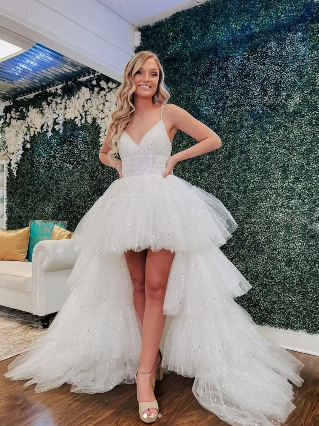 Custom Made Women's Sparkly Sequin Tulle Prom Dress High Low Layered Romantic Ball Gown Evening Dress for Special Occasions
