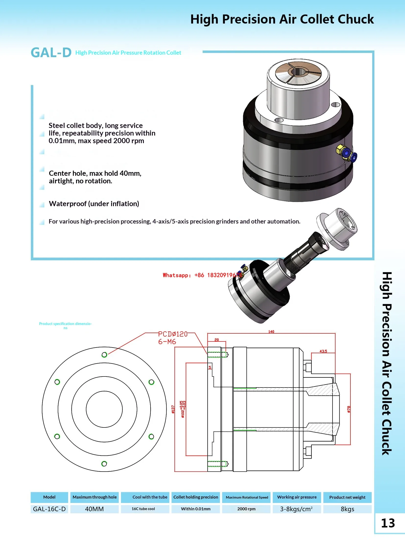 Cyclmotion CNC GAL-16C-D H-Precision Pneumatic Rotary Chuck (Pull-Back Type / Hollow Air-Operated Workholding)