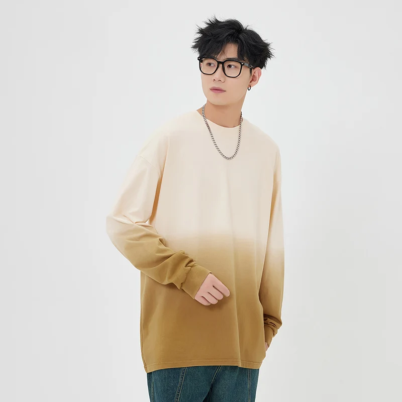 

100% Cotton T-shirt Men Oversize Long Sleeve Gradient Color Autumn Loose Clothing Stretwear Male T Shirt Tops Quality Tshirt
