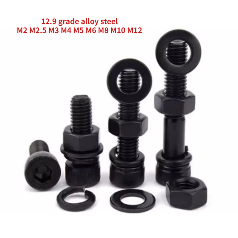 5-200Sets 12.9 Grade Alloy Steel Hexagon Socket Head Cap Screw Flat Washer Nut Spring Washer Hexagon Bolt Combination M2-M12