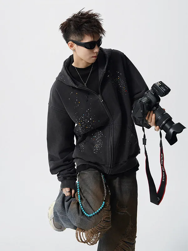 American Retro Heavy-duty Rhinestone Cardigan Zipper Hooded Sweatshirt Men  Autumn High-end Loose Casual Couple Jacket Trendy