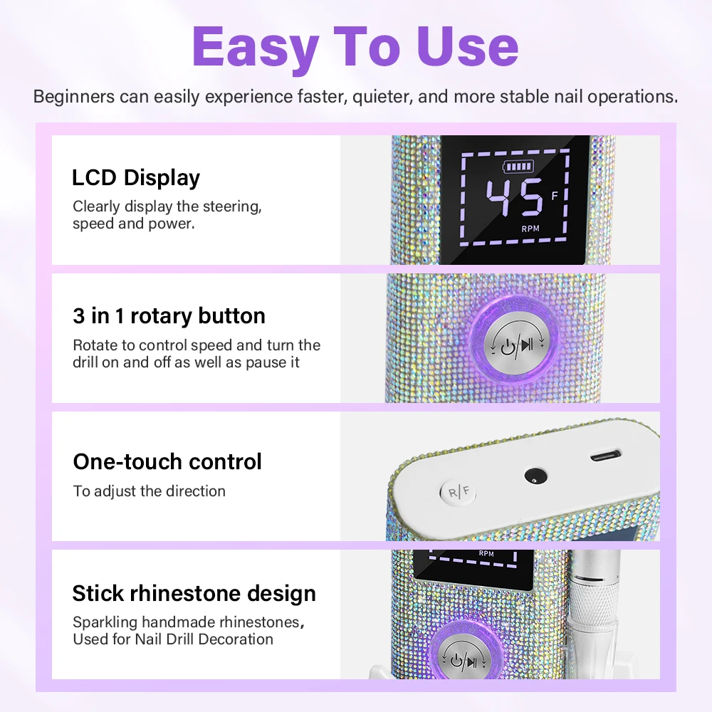 Fresa per Unghie Professionale Ricaricabile 45000RPM con Display HD, Penna Elettrica per Manicure in Metallo, Levigatrice per Unghie