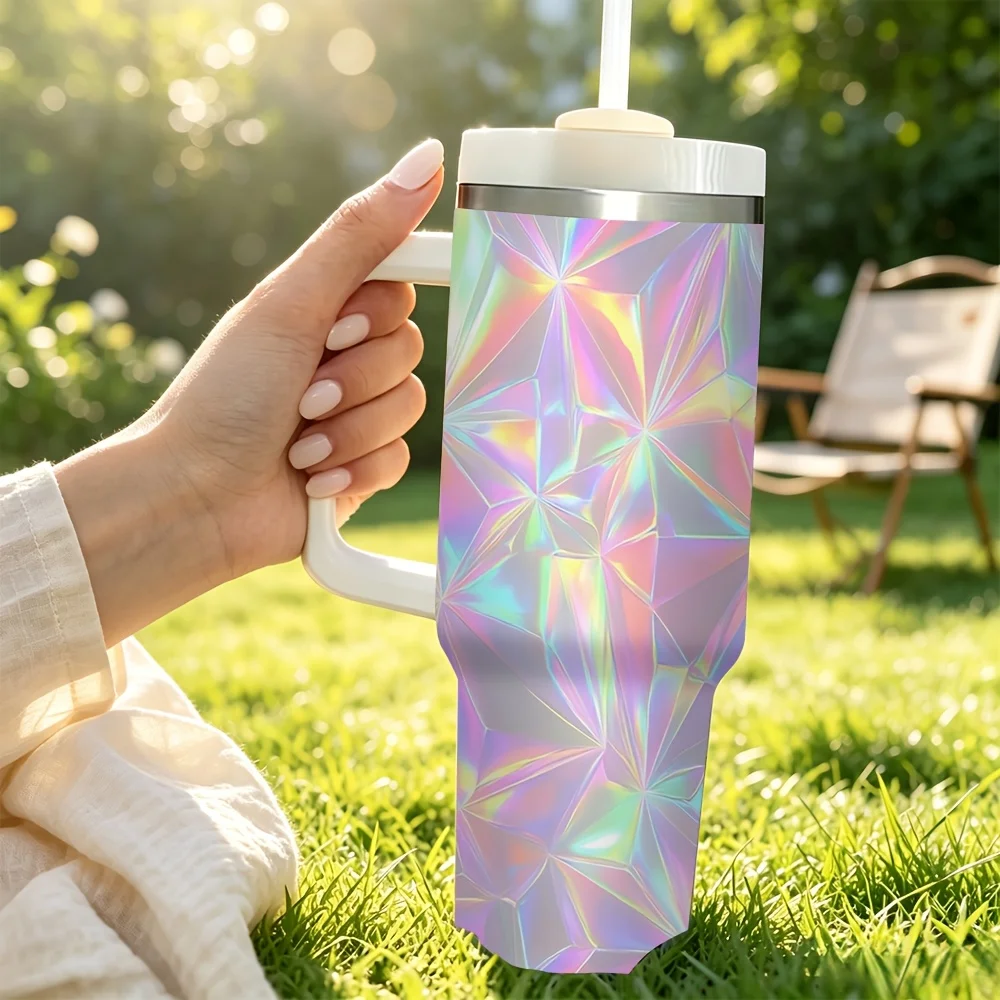 1pc 40oz Tumbler with Handle Lid and Straw Iridescent Geometric Pattern for Daily Outdoor Travel Car Use