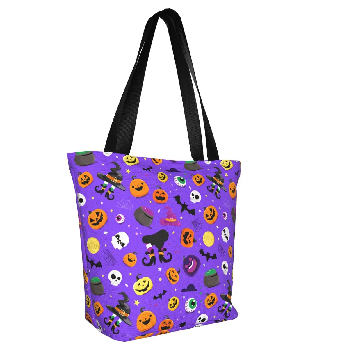 Custom Kawaii Printing Halloween Pumpkins Ghosts Skulls Pattern Tote Shopping Bag Washable Canvas Shopper Shoulder Handbag
