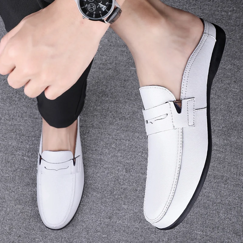 White Half Shoes For Men Mules Loafers Slippers Leather Flats Semi Drag Casual Shoes Summer Backless Driving Shoes Male Slides