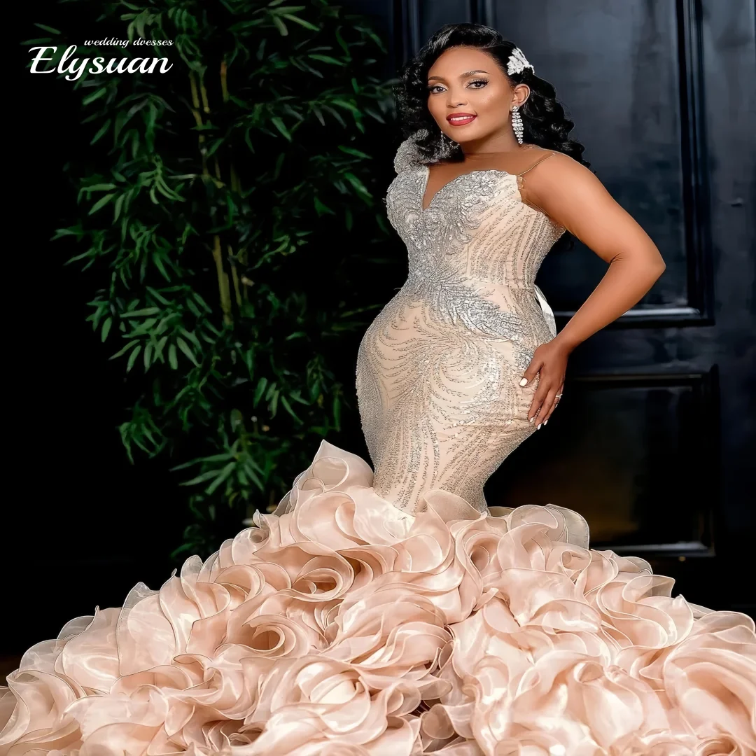 Customized African Mermaid Wedding Dress Bridal Gowns For Bride Sheer Neck Illusion Long Sleeves Appliqued Plus Size