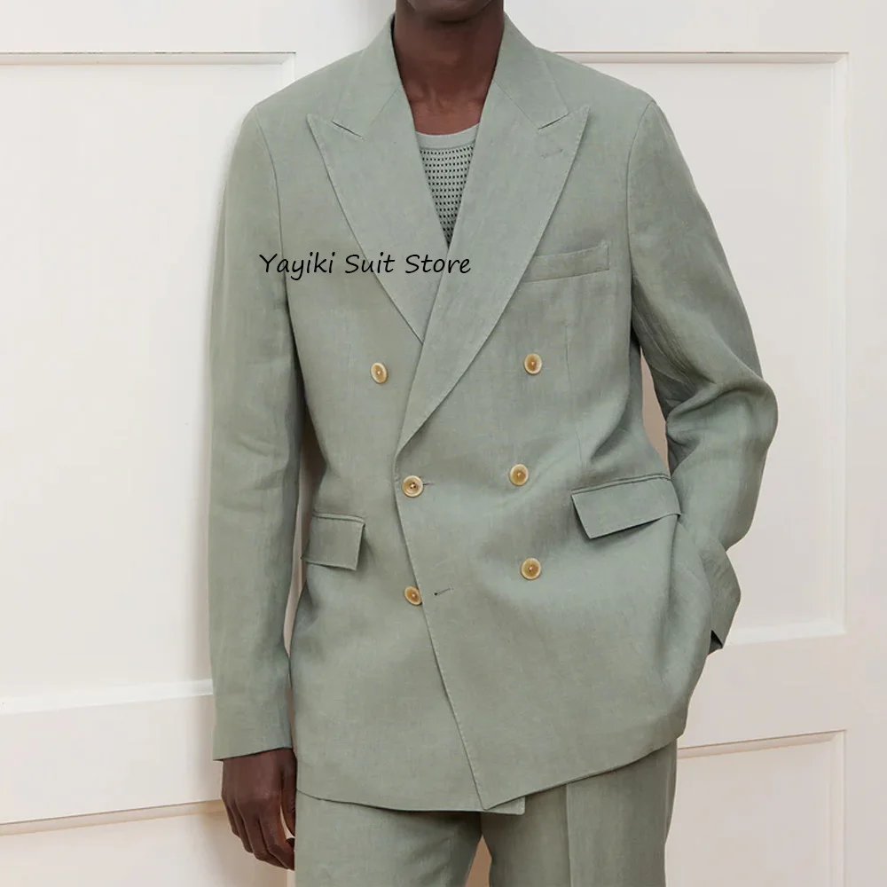 

Мужской комплект, Новое поступление, элегантный мужской костюм с пиковыми лацканами, комплект из льняной ткани, модные костюмы, повседневные двубортные карманы с клапанами, кусок