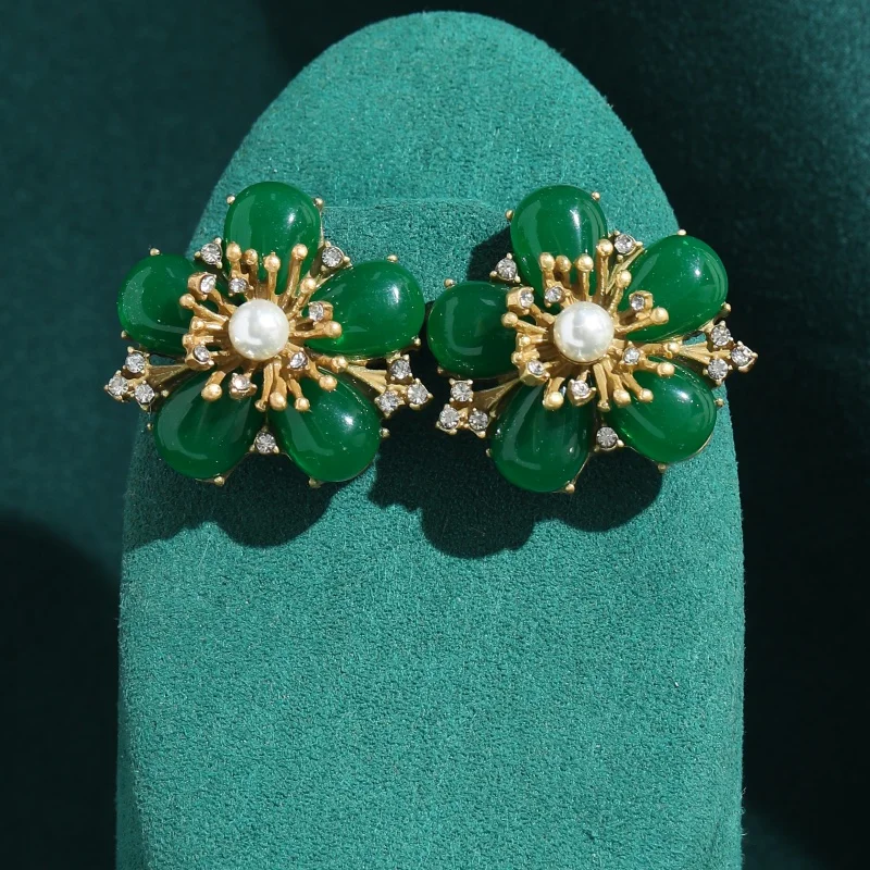 

Vintage Green Color Agate Jewelry Pearl Earring Woman Engagement Rhinestones Gold Flower Trendy Gift Bohemia Wedding Party