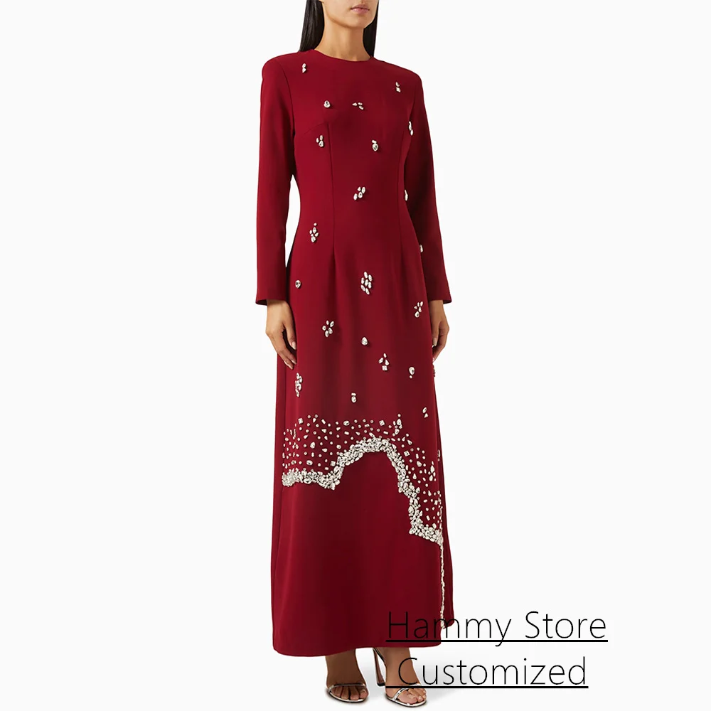 

Модное бордовое вечернее платье по индивидуальному заказу с круглым вырезом и длинными рукавами, кристальное арабское платье для выпускного вечера для танцевальных вечерних платьев