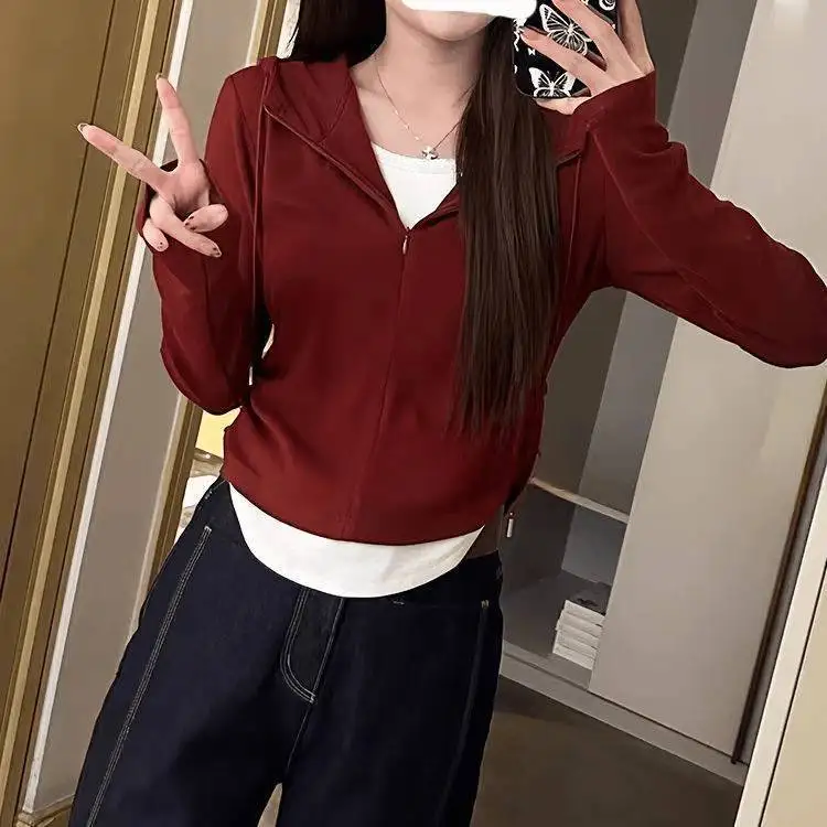 plus Size Women's T-Shirt Autumn Waist Cinched Pleated Hooded Fake Two-Piece Half Zip Long Sleeve Shoulder Bag Included Top