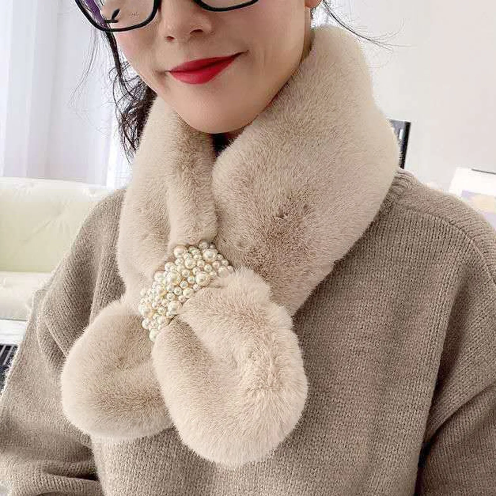 Women Solid Color Faux Rabbit Fur Plush Elegant Shawl Scarfs Neck Warmer Winter Fashion Warm Thicken Pearl Cross Collar Scarf