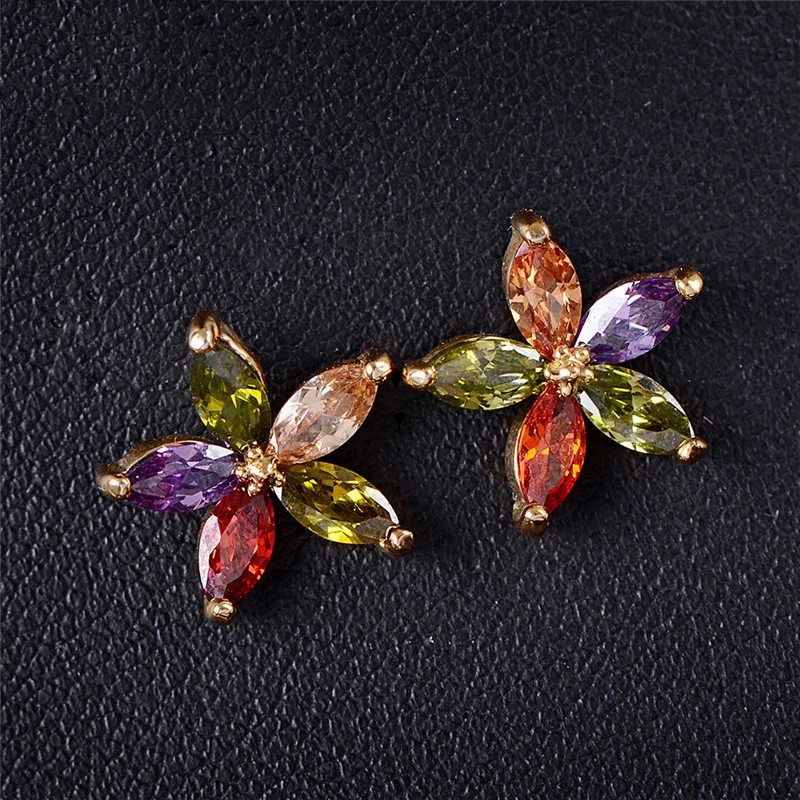 

Gorgeous Jewelry Colorful Zircon Rainbow Cubic Zirconia Luxury Rose Gold Color Flower Ear Stud Earrings for Women