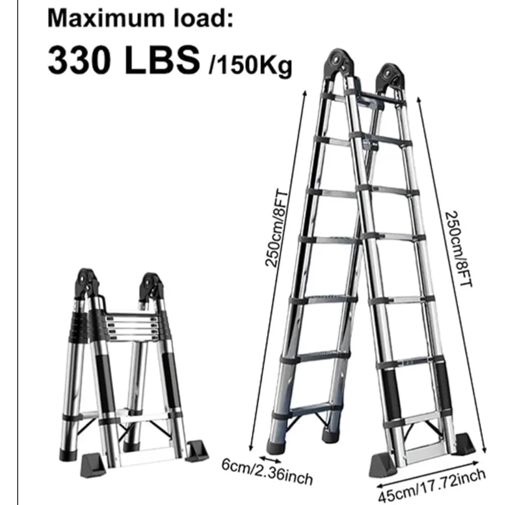 سلم تلسكوبي 16 قدم من الفولاذ المقاوم للصدأ، إطار A بطول 8 أقدام قابل للطي، سعة 330 رطل، قابل للطي مع أقفال أمان، مناسب للخارج #2