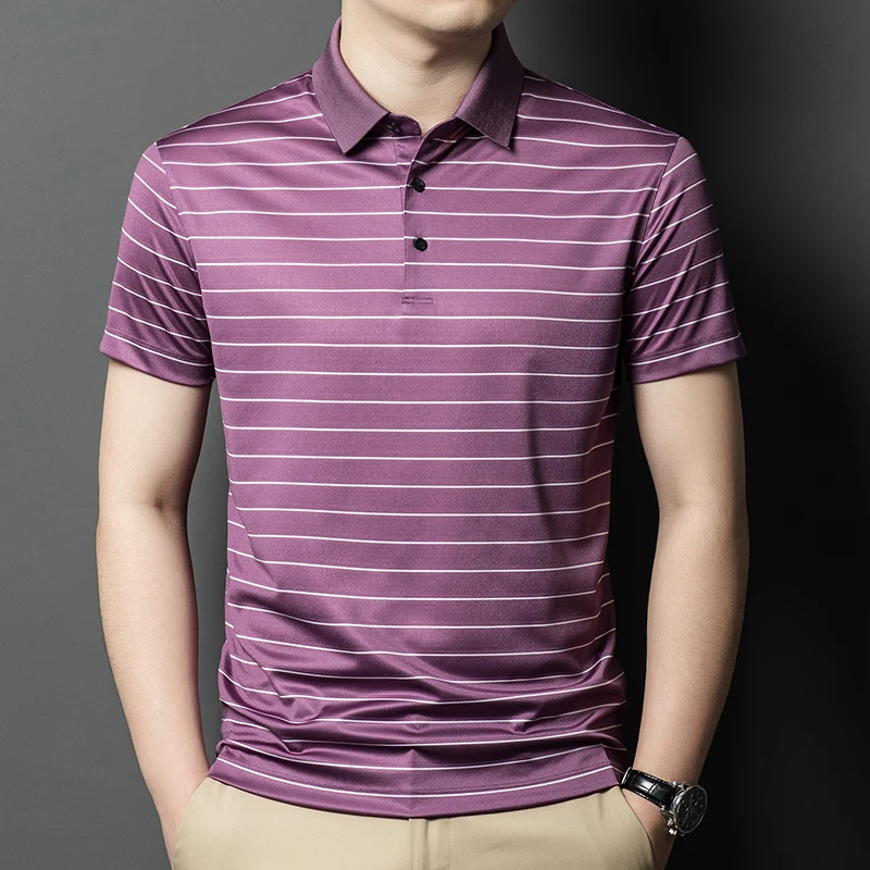 

High Brand Mulberry Silk Men's Polos New 2024 Summer Fashion Stripes Smooth Tops Short Sleeve Male Business Soft Silk Polo Shirt