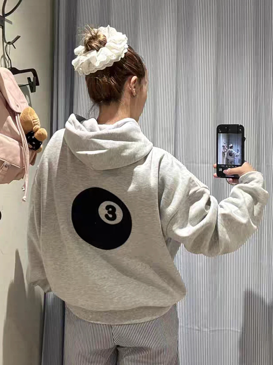 

No.3 Billiard Print Loose Hoodies Woman Autumn Long Sleeve Hooded Cotton Fleece Sweatshirt Fashion Overiszed Hoodies Y2k Tops