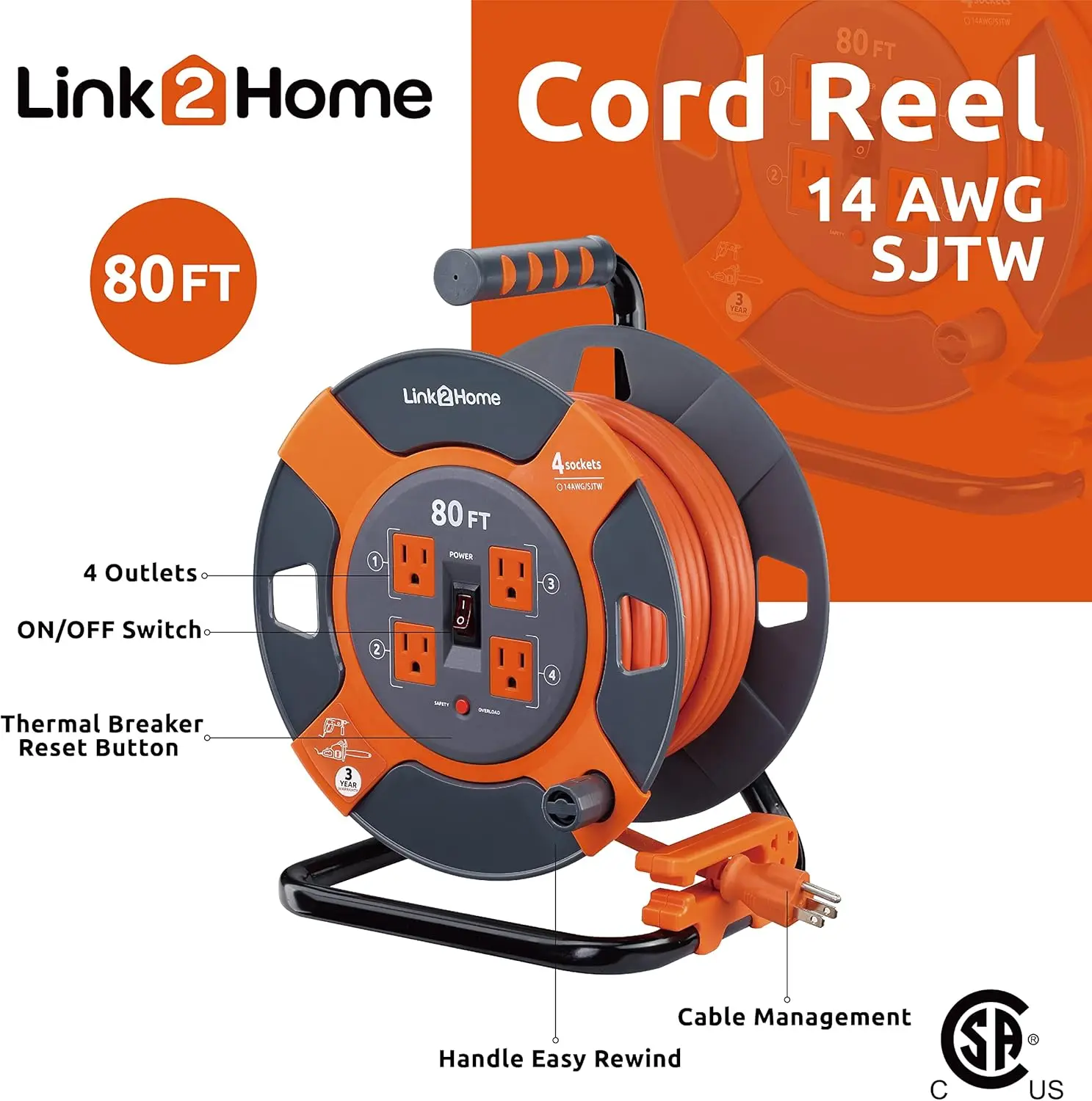 Extension Cord 4 Power Outlets – 14 AWG SJTW Cable. Heavy Duty High Visibility Power Cord.