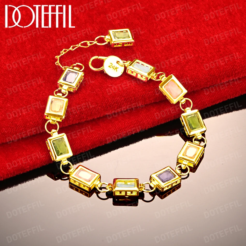 

DOTEFFIL 18K Gold Square inlaid With Multi-color AAA Zircon Bracelet Chain For Woman Engagement Party Wedding Jewelry