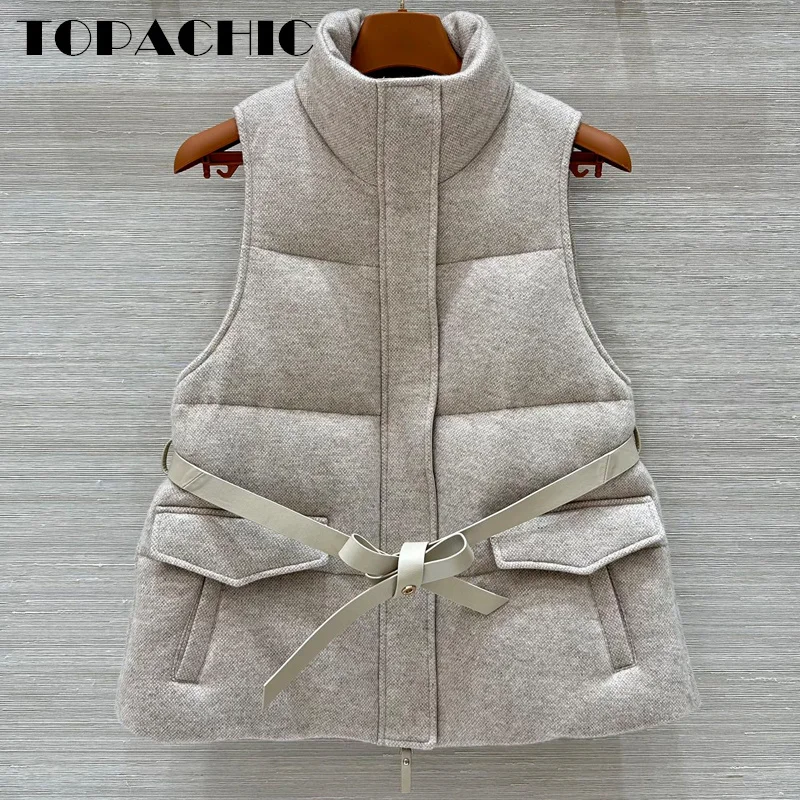 9.9 TOPACHIC-Women Wool Goose Down Vest With Real Leather Sashes  Sequins Cashmere Knit Keep Warm Down Zipper Vest Coat