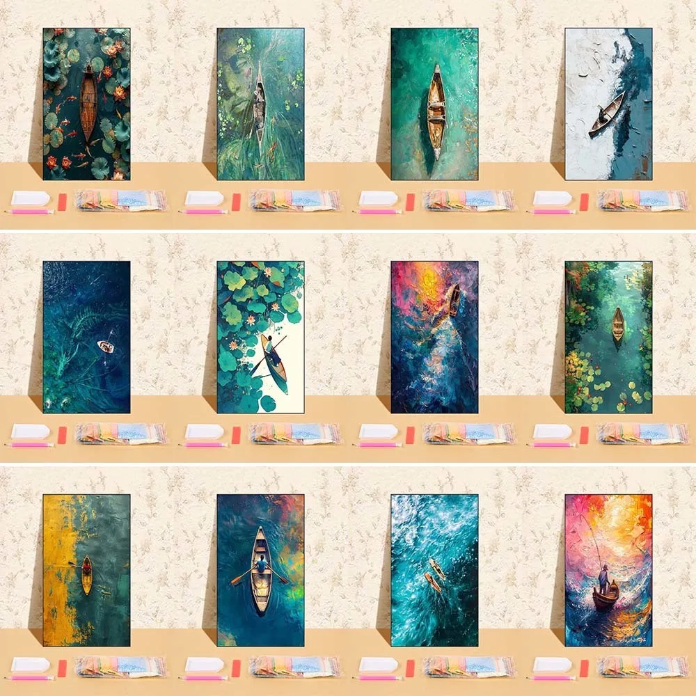 

Lake Wooden Boat Diamond Embroidery Scenery Full Diamond Mosaic For Bedroom Home Decoration Handmade Gift Rhinestone Pictures