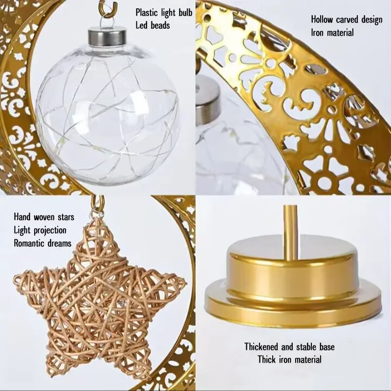 Bonita lámpara de mesa LED dorada de hierro, estrella, Luna/bola redonda, luz nocturna de Ramadán para decoración de ambiente de dormitorio, alimentada por 3AA Ba, 1 ud.