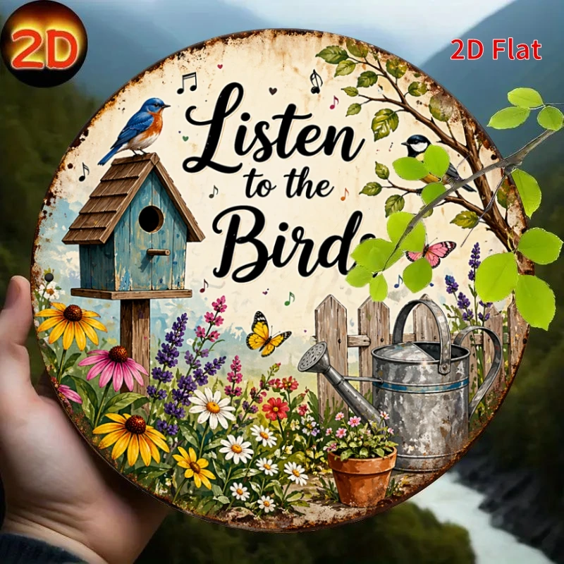 2D Flat - [2Dflat], 1pc 7.87X7.87inch- Listen to The Birds Floral Round Tin Sign, Garden Wall Decor, Vintage Bird Butterfly Meta