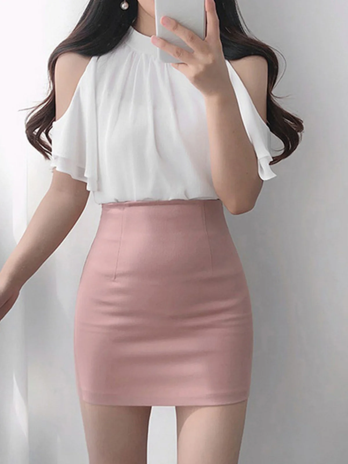 

Pink Chiffon ter Ne irt Women's Summer New Faion Design oulder Exposure round Ne Gauze Slim Fit irt