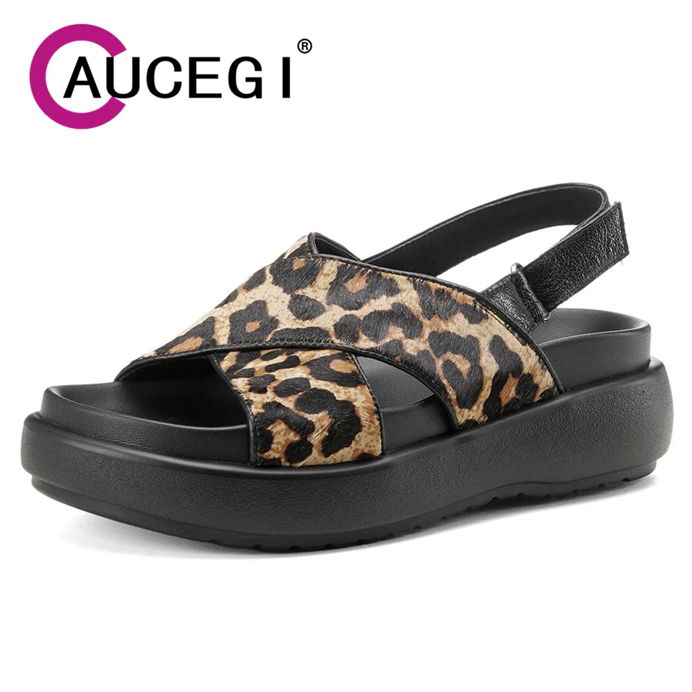 

Aucegi Hot Sale Horsehair Sandals Women Peep Round Toe Magic Paste Comfortable Platform Flat Bottom Summer Handmade Shoes