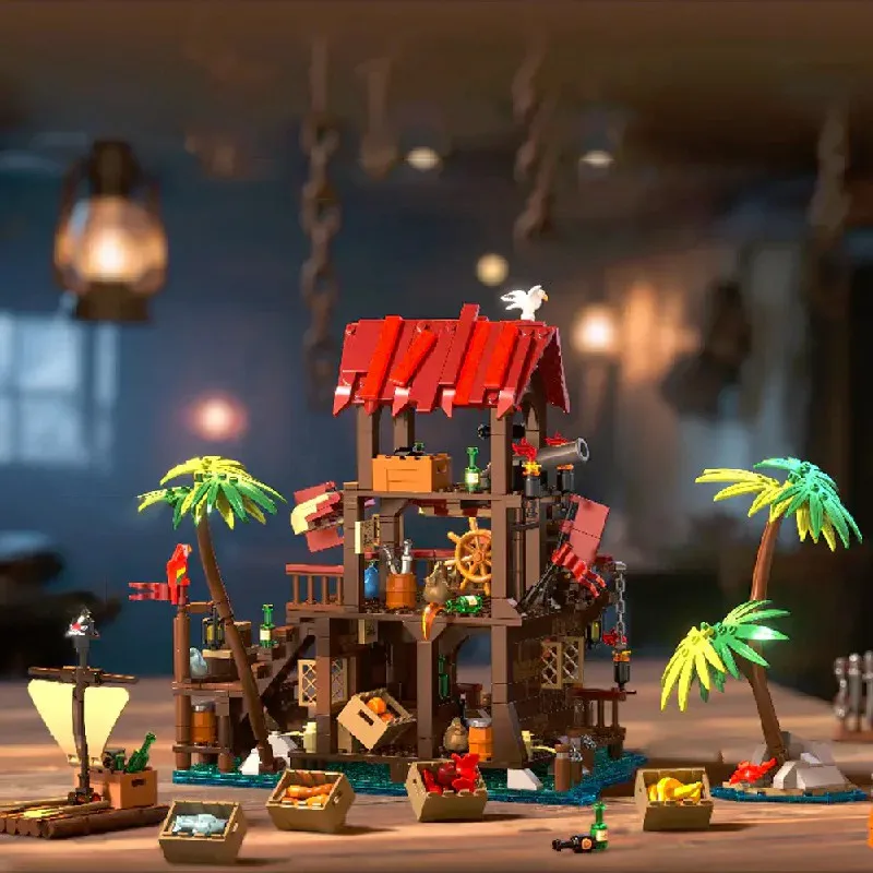 MOC-Juego de bloques de construcción de muelles medievales, mercado de la Bahía de Pirata y casa de muelle pirata, modelo de arquitectura, juguetes de ensamblaje, regalos para niños