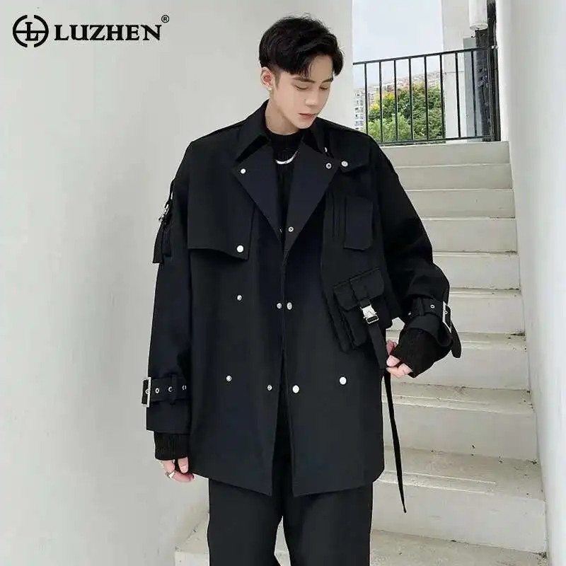 

LUZHEN Spring New Mid Length Jackets Coat Men's Trendy Casual Splicing Design Men's Solid Color Trendy Short Windbreaker LZ6496
