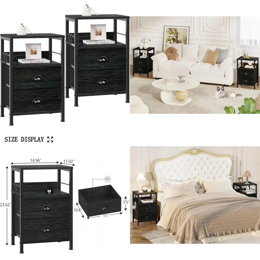 

pair of fabric-drawer nightstands with wooden tops, open shelves, hooks, and backboards