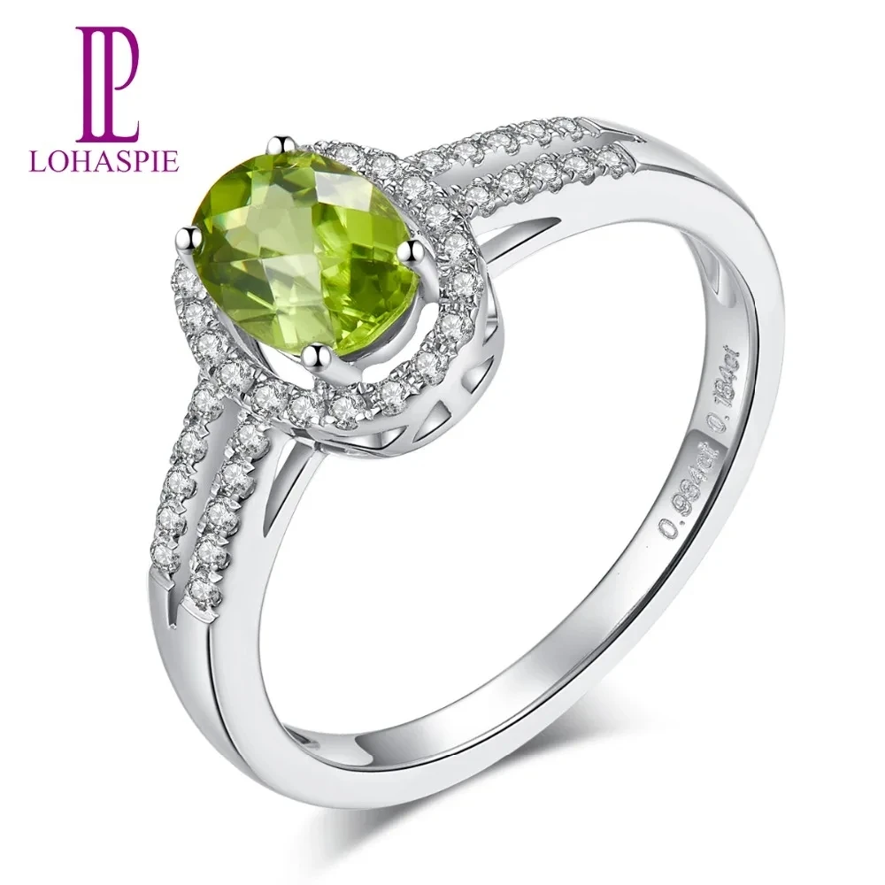 Lohaspie 14K White Gold 100% Natural Peridot Ring 1.22 Carats Genuine Gemstone Classic Style Fine Jewelry for Women's Gift