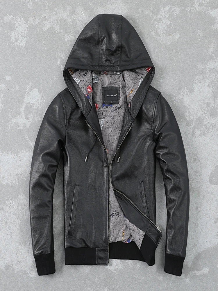 YR!Free shipping.Plus brand new genuine leather hoodies.wholesales men black cowhide jacket.Plus size quality coat