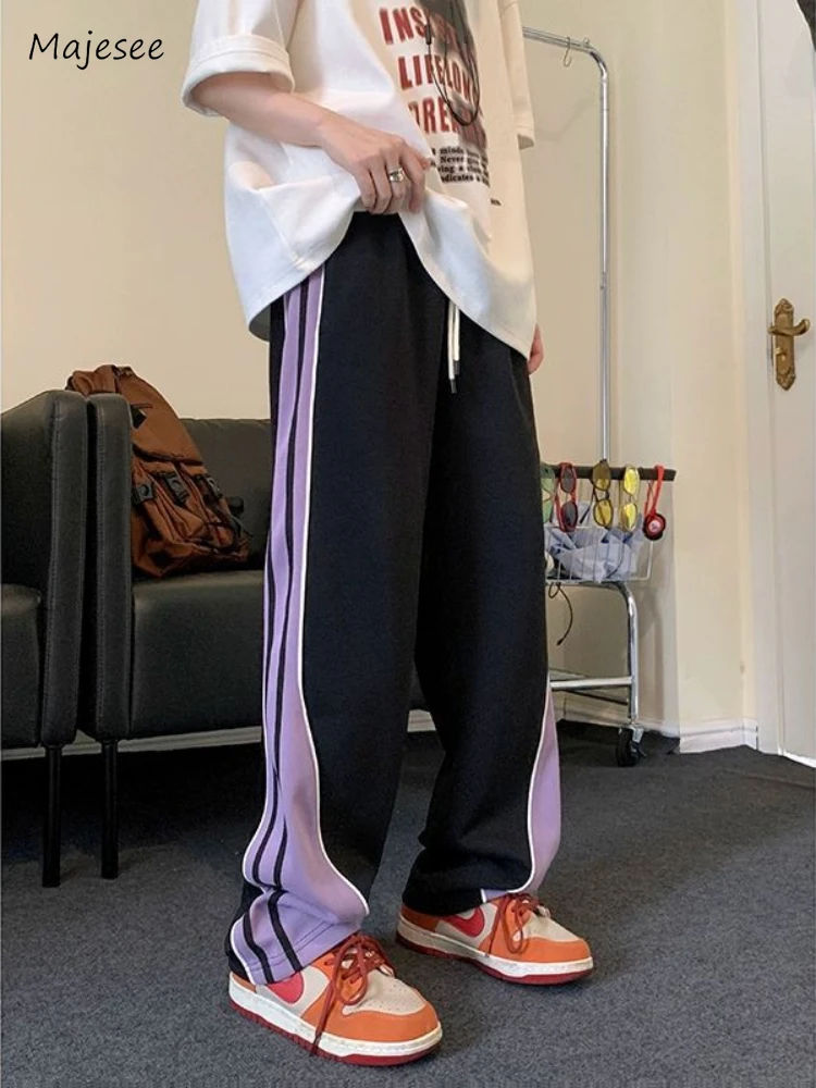 

Side Stripe Pants Men Wide Leg Sporty Loose Drawstring Contrast Color Hip Hop High Street Ankle Length American Style Spliced