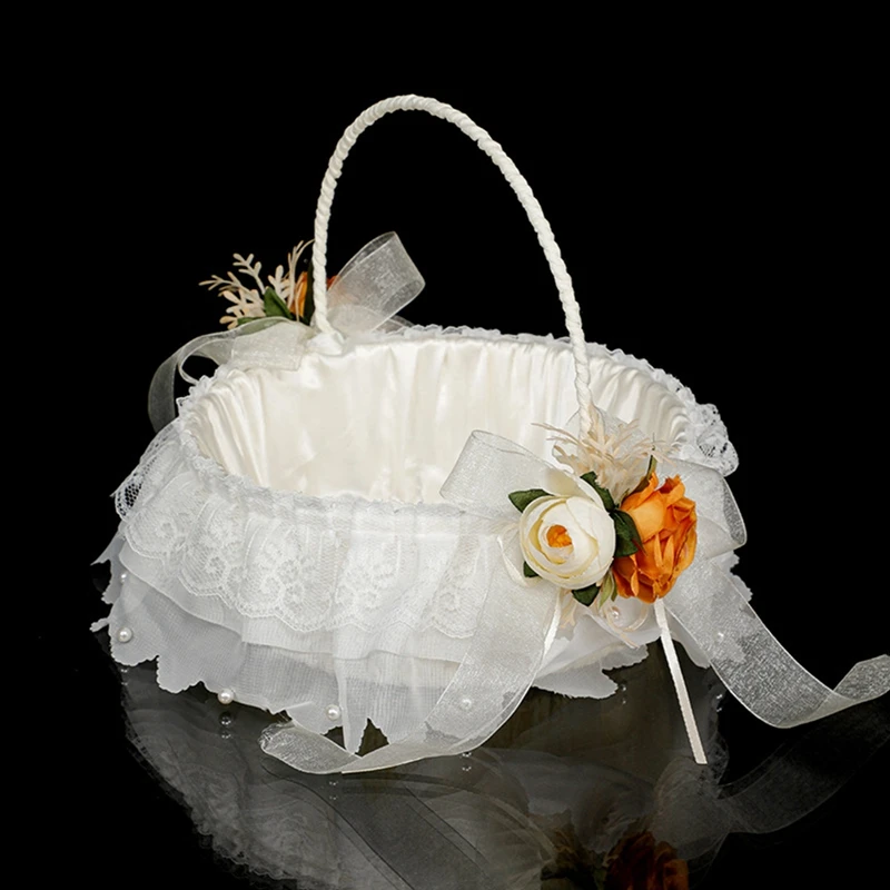 White Flower Girls Basket Simple Wedding Basket For Flower Bride Kids Hand Held Wedding Ceremony Party Decorations