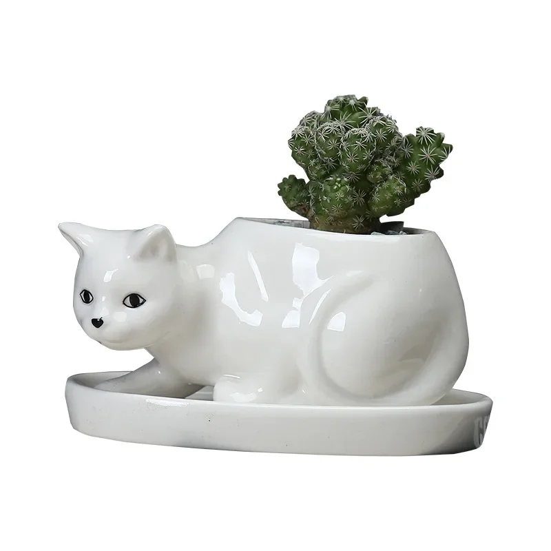 Biała ceramiczna doniczka dla kota z tacą Kreatywna doniczka dla kociąt na sukulenty Rośliny Mini Bonsai Dekoracja biurka w ogrodzie domowym