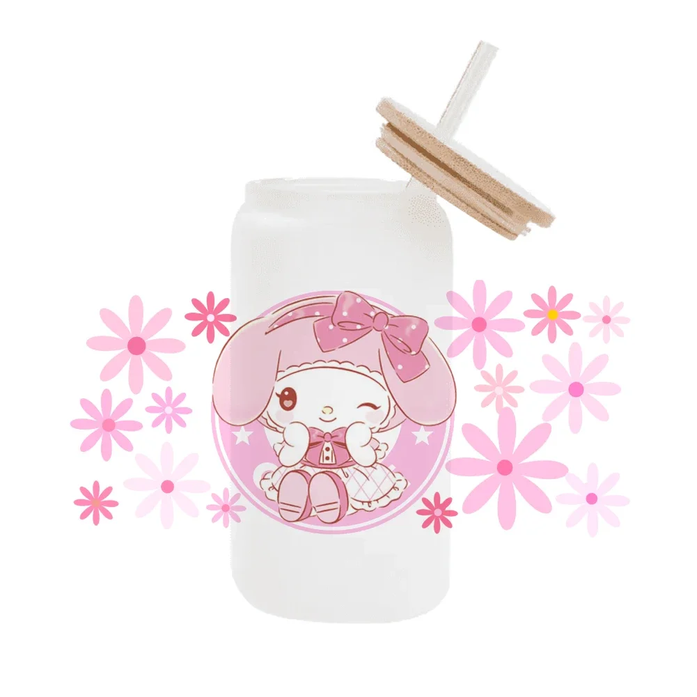 Sanrio cute My Melody Pink cartoon  For Libbey 16oz Can Glass 3D Waterproof UV DTF Coffee Can Wrap Libbey Glass Wrap