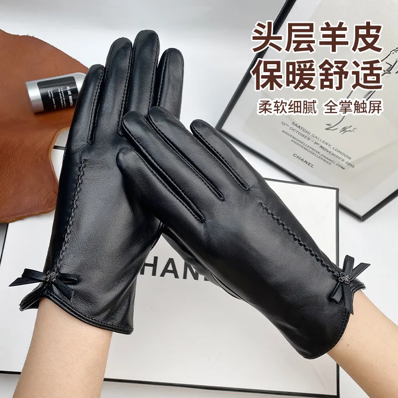 

Genuine Leather Gloves Thin Women Thickened Driving Cycling Warm Windproof Touch Screen Bow invierno Sheepskin Elegant Gloves