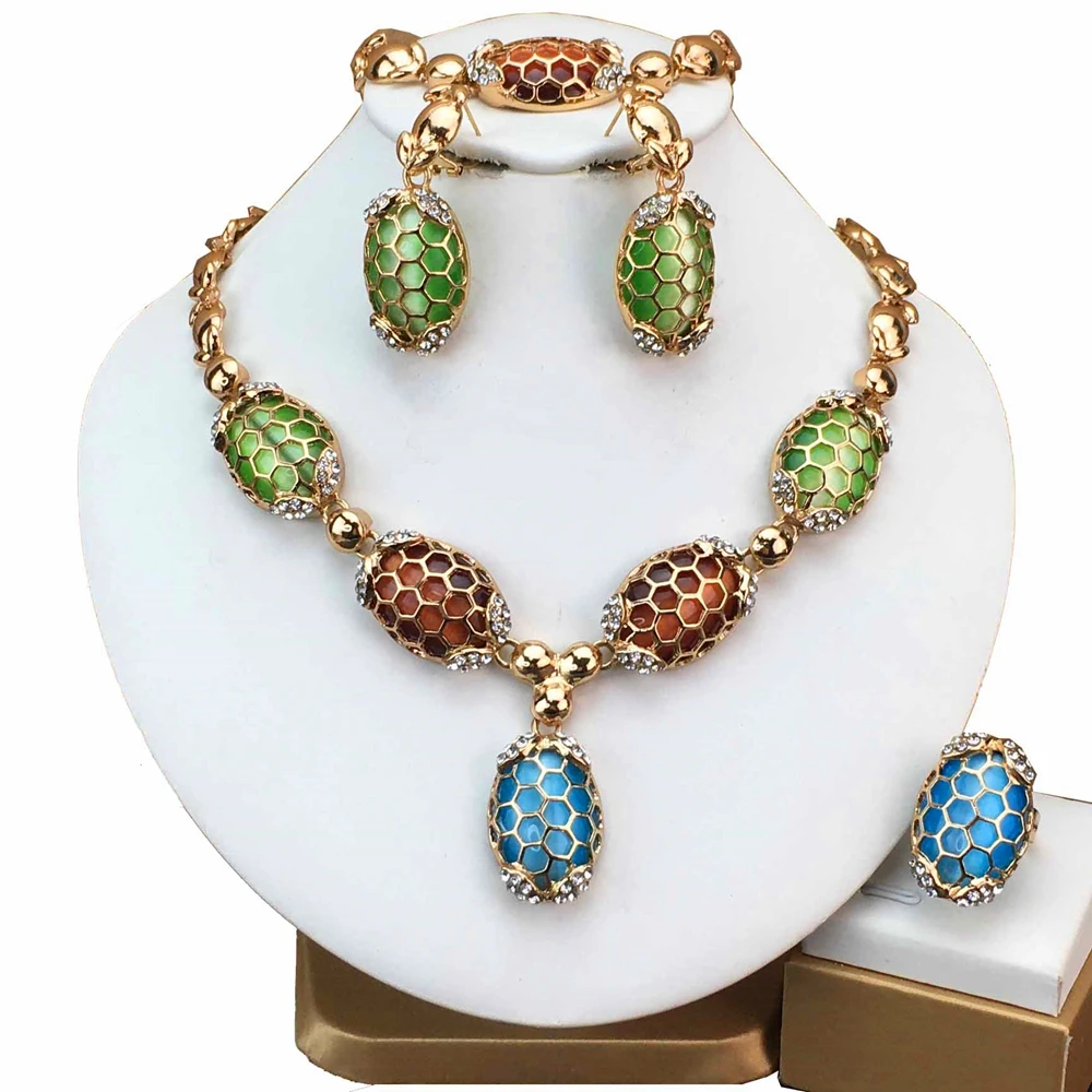 Fashion Trendy Women Jewelry Set Gold-Plated Beads Necklace Earrings Bracelet Ring Sets Girls Birthday Gifts FHK17030