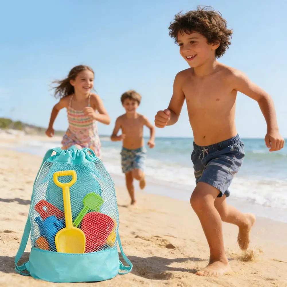 Kids Beach Toy Mesh Bag Drawstring Backpack with Mesh for Sand Toys, Shell Collecting, Pool and Swimming Accessories