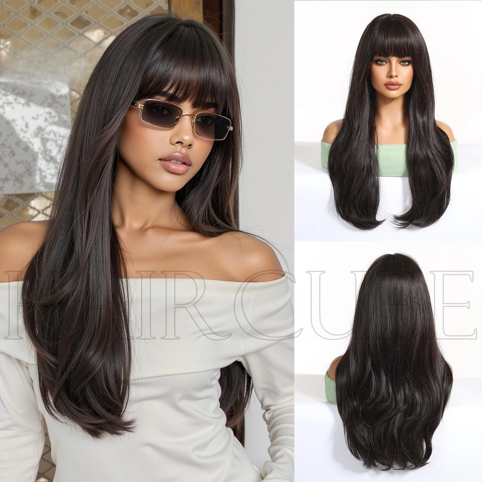 

Europe beautiful women fashion Qi bangs long curly hair wig women gradual change micro curl black chemical fiber headgear wig