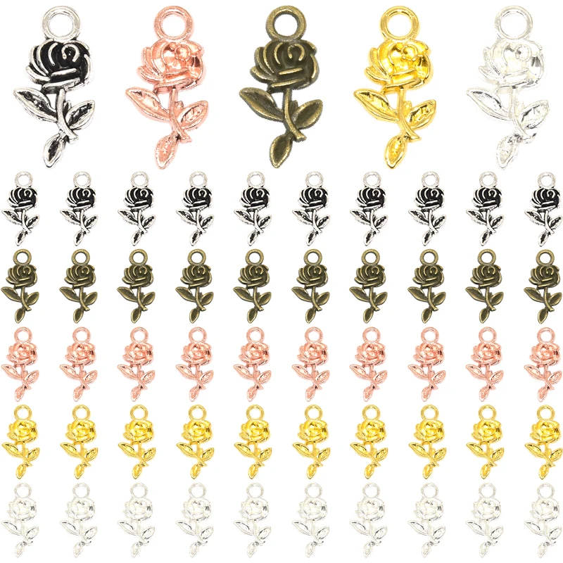 Wholesale 20pcs Rose Shape Charms Alloy Metal Flower Pendants For DIY Necklace Bracelet Jewelry Accessories Making Supplies