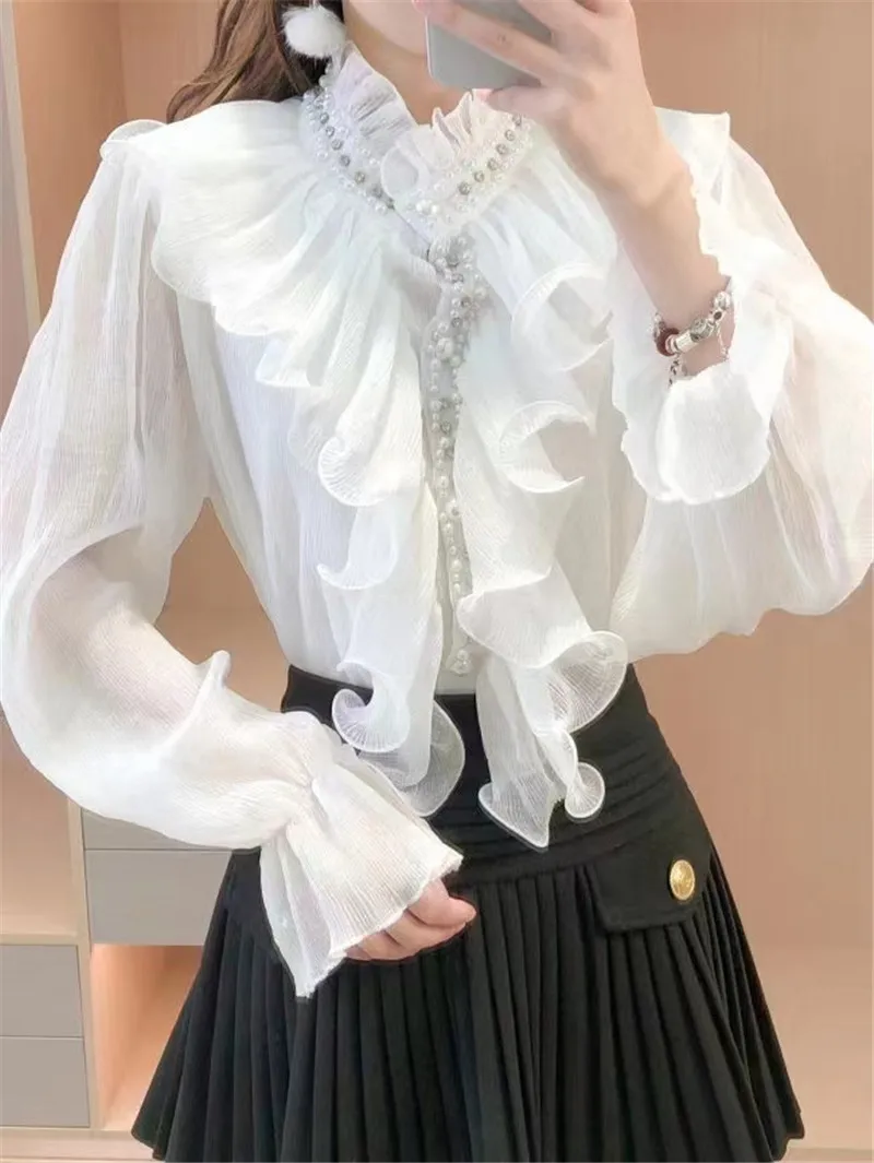 WIGADFHK 2023 Spring Fashion Ruffled Puff Sleeve Shirt Women\'s Diamond Stand Collar Top Elegant Casual Office Ladies Chic Top