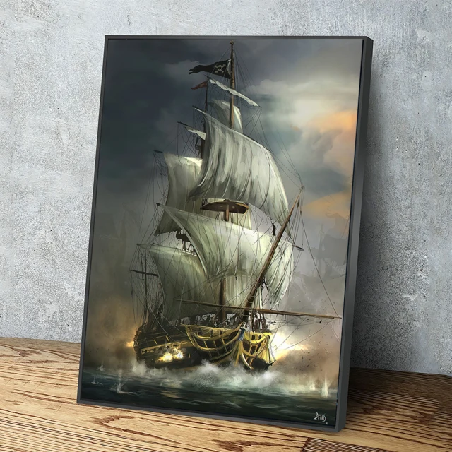 Pirate Ship Dark Sea Battle Poster Century Naval Battle Printed  Canvas Painting Wall Art Pictures for Living Room Home Decor