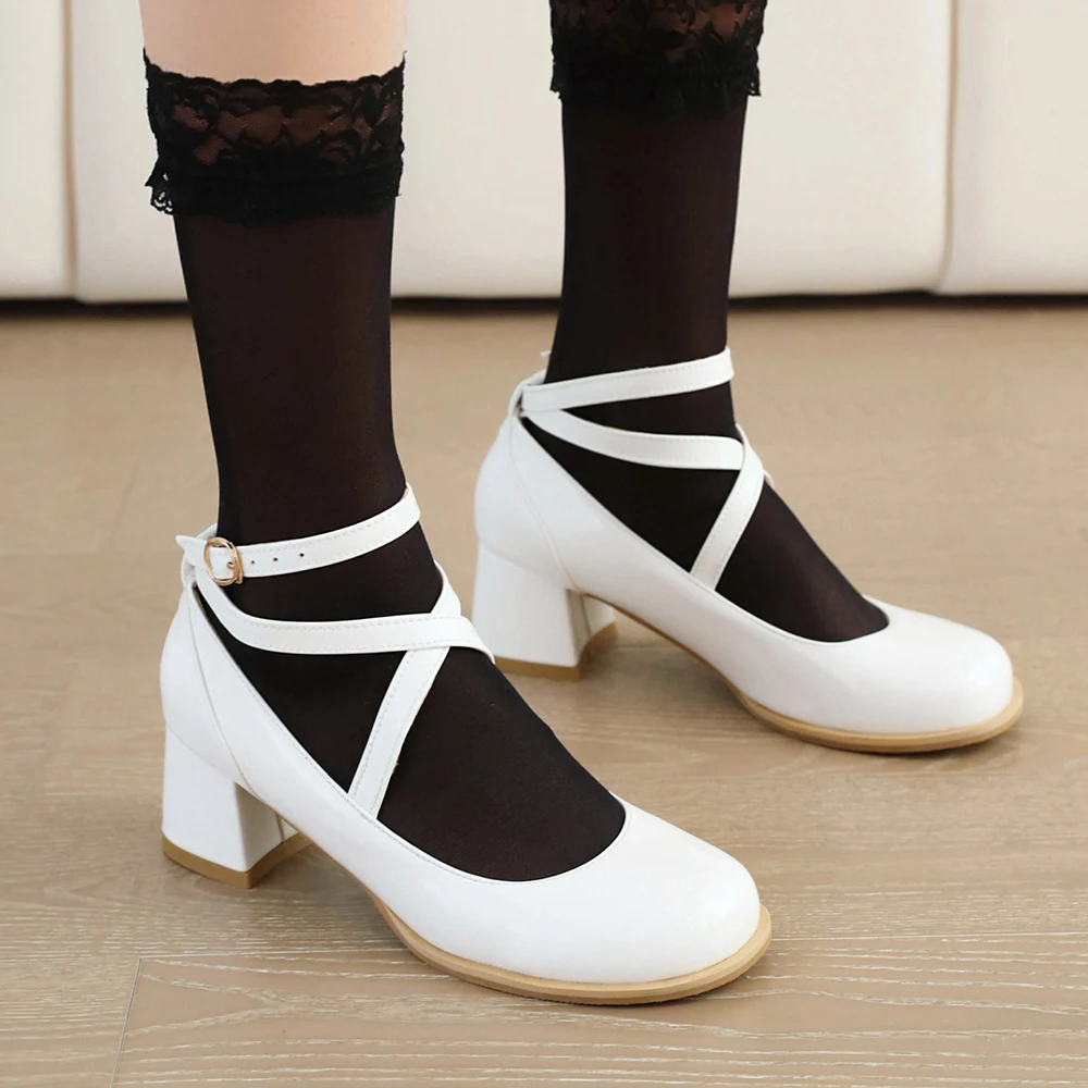 Różowe Retro Cross-Tie Pumps Casual 2025 Summer Marry Janes Round Toe Shoes Ladies Lolita Sweet Fashion Latin Dance Shoes Woman