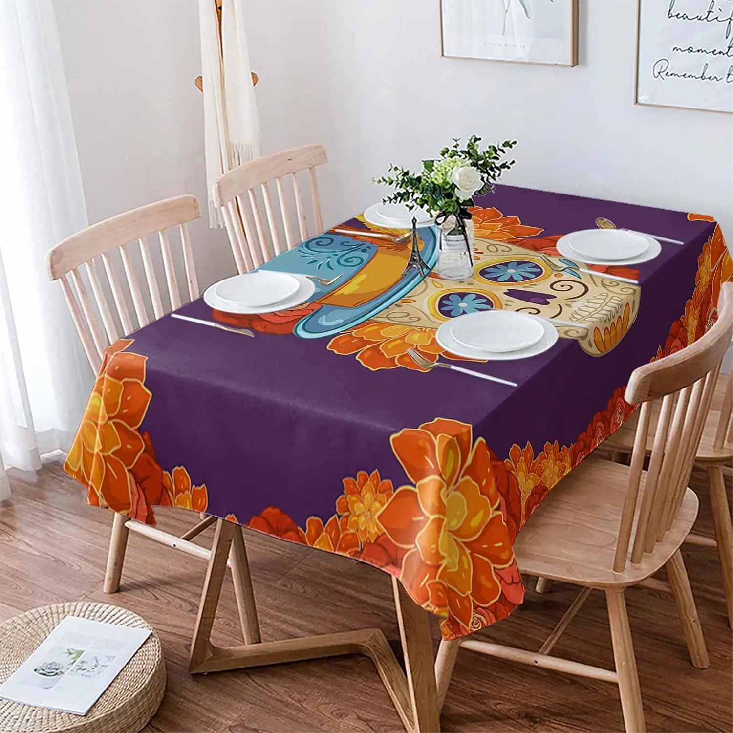 Halloween Skeleton Flowers Rectangle Tablecloth for Table Decor Decor Reusable Kitchen Dining Table Cloth Holiday Party Decor
