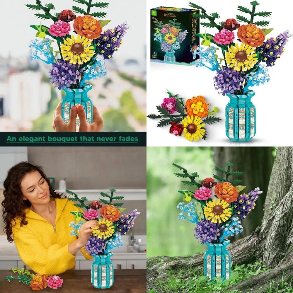 

Flowers Bouquet Toys Building Blocks Set with Vase, Roses, Sunflower, Hyacinth, Hydrangea, Artificial Plants for Adults, Teen Gi