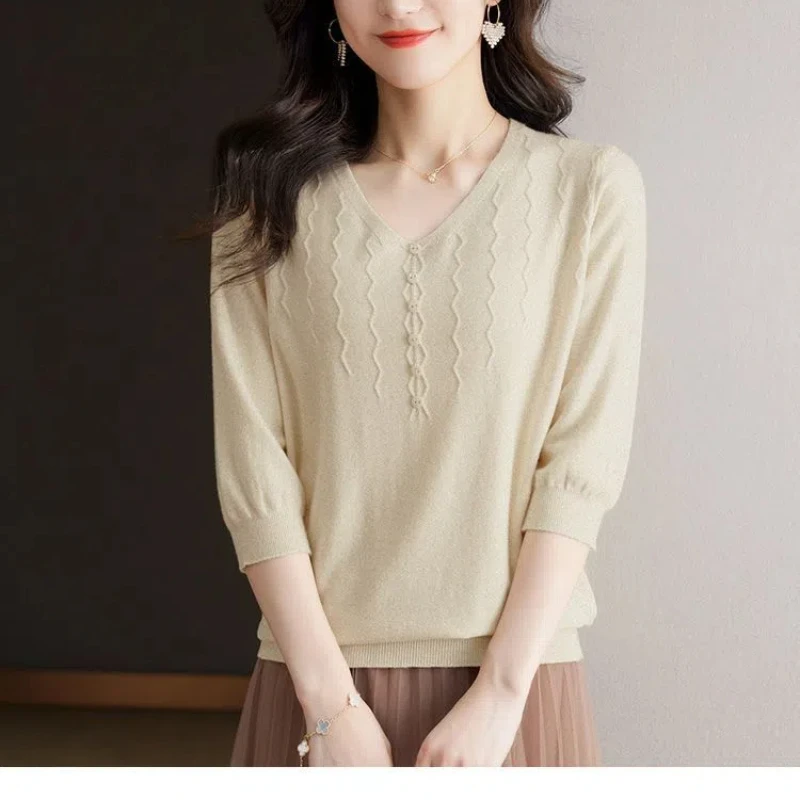 Spring Autumn Women\'s Clothing Solid Color Round Neck Pullover Sweater Knitted Casual Elegant Three Quarter Button Vintage Tops