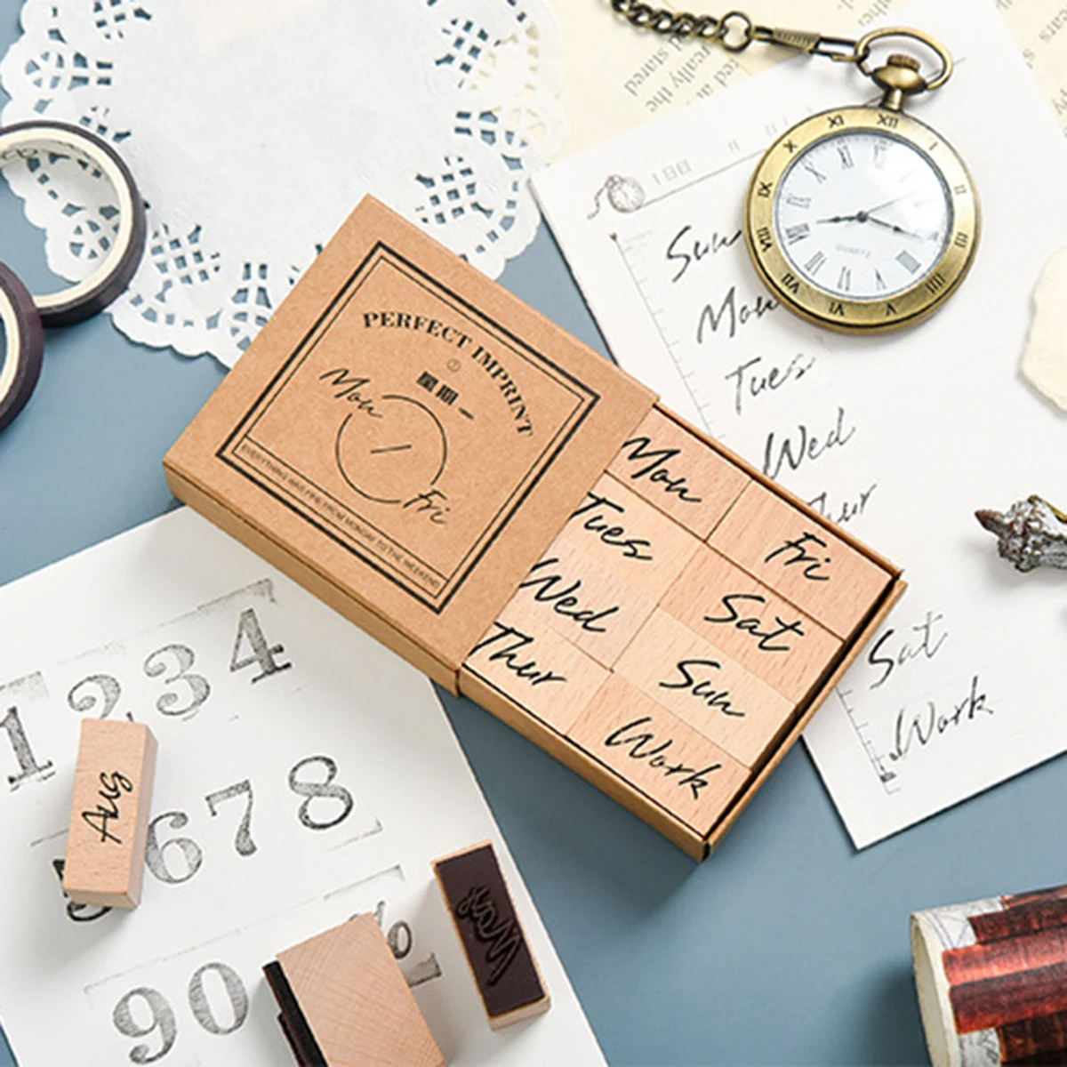 Wooden Rubber Stamp Set for Months Weekdays Numbers, DIY Journal Planner Scrapbooking Card Making Decoration Handmade Craft Gift