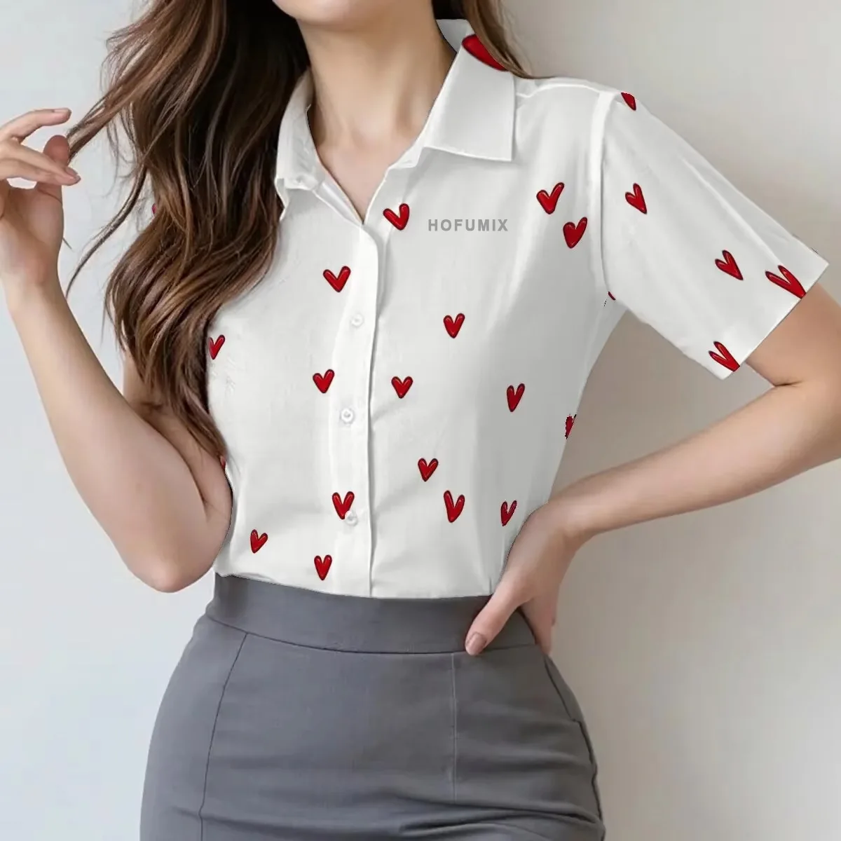 

Рубашка с короткими рукавами HOFUMIX. Простая и стильная женская летняя рубашка с принтом в виде сердечек, модный и универсальный повседневный топ.
