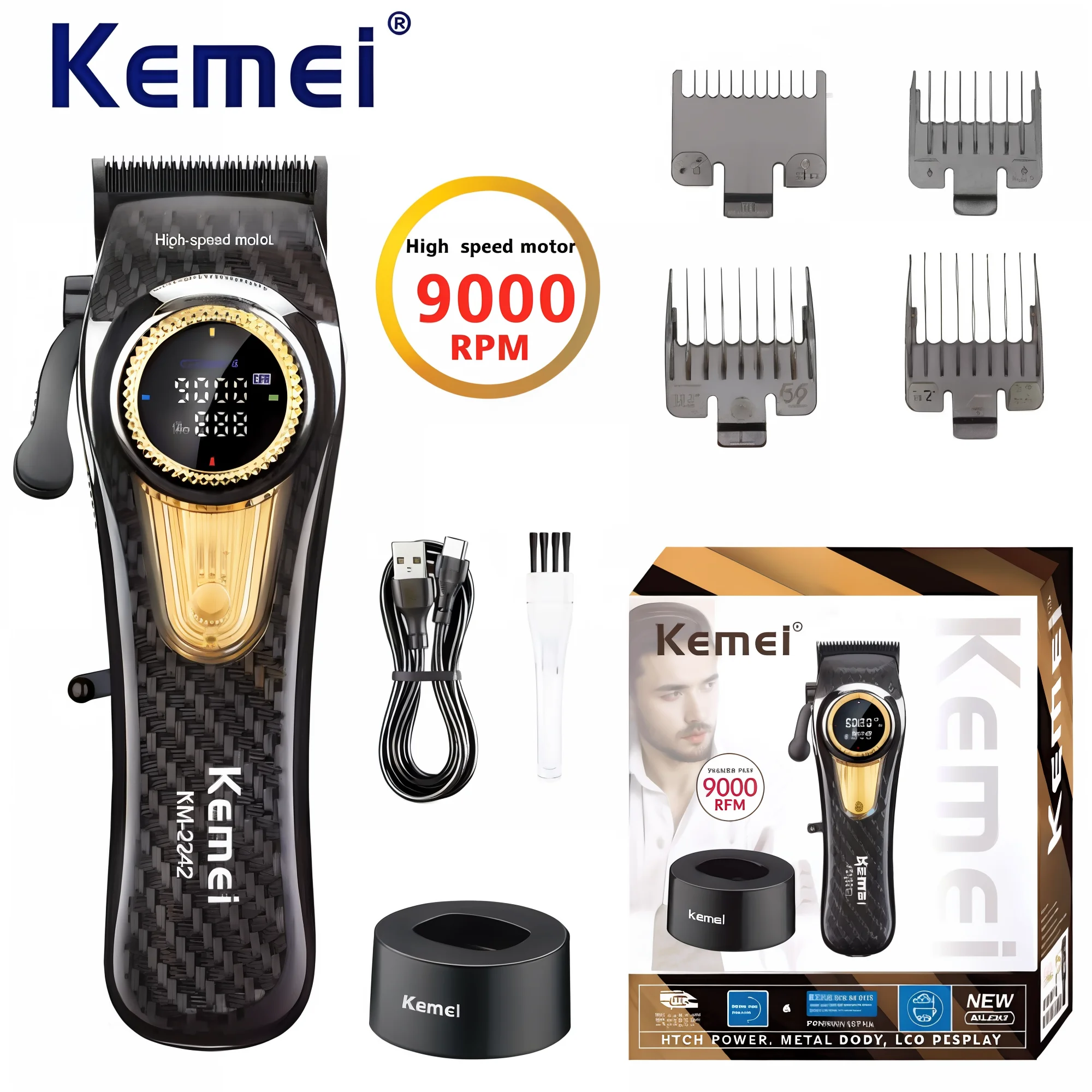 Kemei KM-2242 Hair Clipper Trimmer Brushless Motor Battery Powered Hair Clipper Commercial Hair Clipper with Charging Base